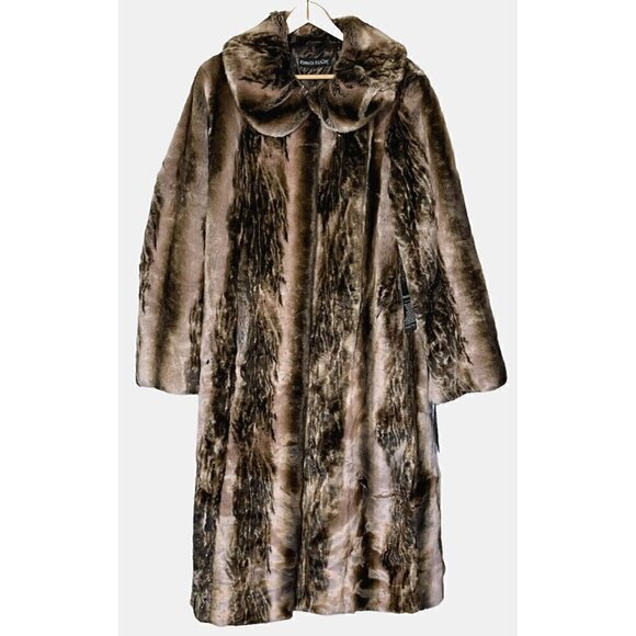 New Pamela McCoy Brown Beige Chinchilla Faux Fur Long Winter Coat - Picture 1 of 9